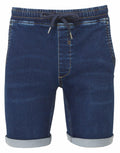 Introducing the WB907 by Wombat, a stylish pair of dark blue denim shorts featuring rolled-up cuffs and an adjustable elastic waistband with a drawstring.
