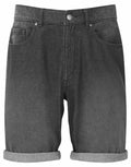 The WB908 by Wombat is a pair of black denim shorts featuring rolled cuffs and a button closure.