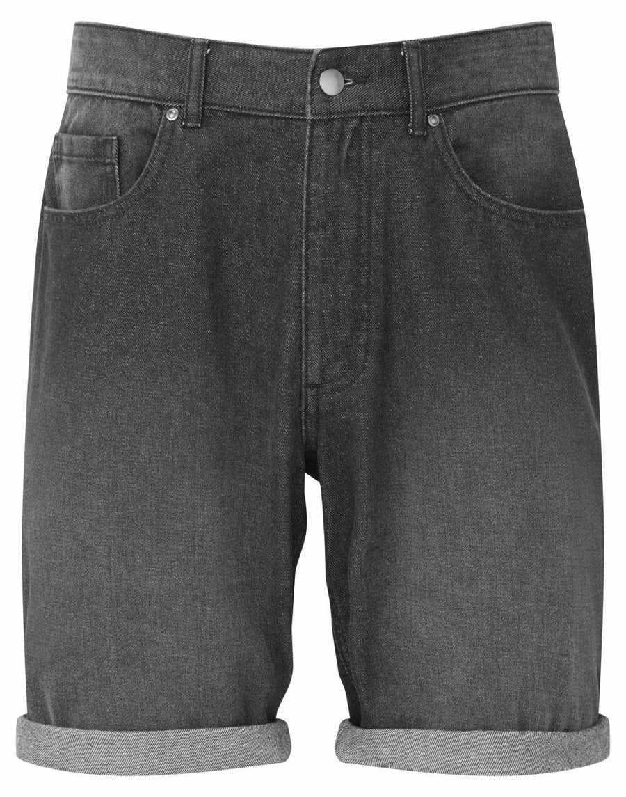 The WB908 by Wombat is a pair of black denim shorts featuring rolled cuffs and a button closure.