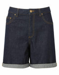 The WB909 dark denim shorts by Wombat feature rolled cuffs, front pockets, and a button closure.