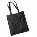 A Westford Mill WM101, a plain black tote bag featuring two handles, set against a white background.