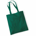 A plain WM101 tote bag in green, featuring two handles and designed by Westford Mill, is displayed against a white background.