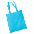Placed flat against a simple white backdrop is the WM101 by Westford Mill, a bright blue tote bag featuring two handles.
