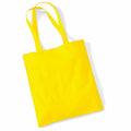 The WM101 by Westford Mill is a vibrant yellow tote bag featuring two elongated handles, displayed flat against a white backdrop.