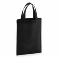 A black fabric tote bag by Westford Mill, model WM103, featuring two short handles and standing upright against a plain white background.