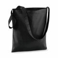A black fabric tote bag with long handles, identified as the WM107 by Westford Mill, is displayed against a plain white background.