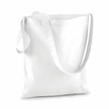 A Westford Mill WM107 plain white tote bag featuring two long handles, set against a white background.