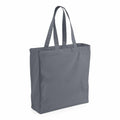 A Westford Mill WM108 tote bag with a plain gray design, long handles, and a rectangular shape, displayed standing upright against a white background.