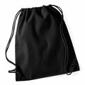 Westford Mill WM110 drawstring backpack in black, featuring a simple design, displayed against a white background.