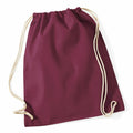 A maroon WM110 drawstring bag with beige cords from Westford Mill.