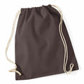 A plain black WM110 drawstring backpack from Westford Mill, featuring cream-colored strings. The bag is laid flat, with the strings slightly curling at the sides.