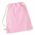 The WM110 drawstring backpack by Westford Mill features a pink design with beige cords and appears slightly crumpled against a white background.