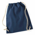 The WM110 by Westford Mill is a plain navy blue drawstring backpack featuring white ropes. It boasts a simple, minimalist design and is crafted from lightweight fabric, with the drawstrings serving as shoulder straps for convenient carrying.