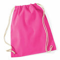 The Westford Mill WM110, a vibrant pink drawstring backpack featuring off-white strings, is displayed against a white background.