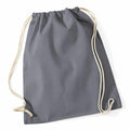 The WM110 backpack from Westford Mill is displayed flat, showcasing its gray fabric and off-white drawstrings threaded through the top for convenient opening and closing. Its soft, plain material and minimalist design make it a versatile accessory.