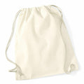 The product is WM110 by Westford Mill, a beige canvas drawstring bag featuring two white cords on each side, displayed against a plain white background. The bag has a simple design with no visible logos or embellishments.