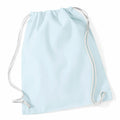 The product is a light blue drawstring bag from Westford Mill, model WM110. It features white ropes and is displayed flat on a white background. The bag's design is simple and minimalist, making it ideal for carrying small items.
