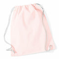 A Westford Mill WM110 drawstring bag in light pink with white cords, displayed on a white background.