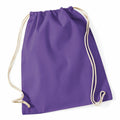 Displayed against a plain white background, the Westford Mill WM110 backpack features a slightly crinkled purple fabric with beige cords. This simple design includes two drawstrings for closure, making it ideal for casual carrying.