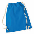 A WM110 by Westford Mill, featuring a blue drawstring backpack with white cords, placed on a white background.