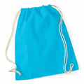 A Westford Mill WM110 drawstring backpack in blue with beige cords is displayed against a white background.