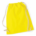 The WM110 from Westford Mill is a vibrant yellow drawstring bag featuring white cords that lie flat against a simple background. The cords thread through metal eyelets located at the bottom corners, enabling the bag to cinch closed when pulled.