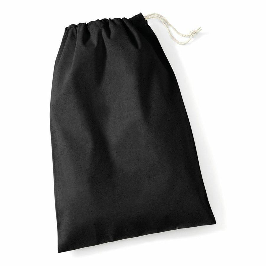 Introducing the WM115 by Westford Mill—a black drawstring bag featuring a contrasting white cord, showcased against a crisp white background.
