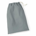 The WM115 by Westford Mill is depicted against a plain white background. This gray drawstring bag features a smooth, sturdy fabric with the top slightly gathered and secured by a white drawstring cord.