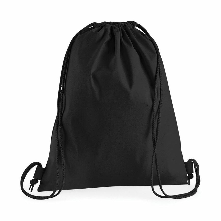 A simple black drawstring backpack with slim black straps, from the Westford Mill WM210 collection, is displayed against a white background.