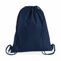 Introducing the Westford Mill WM210, a drawstring backpack featuring a minimalist design, navy blue color, and slender rope straps.