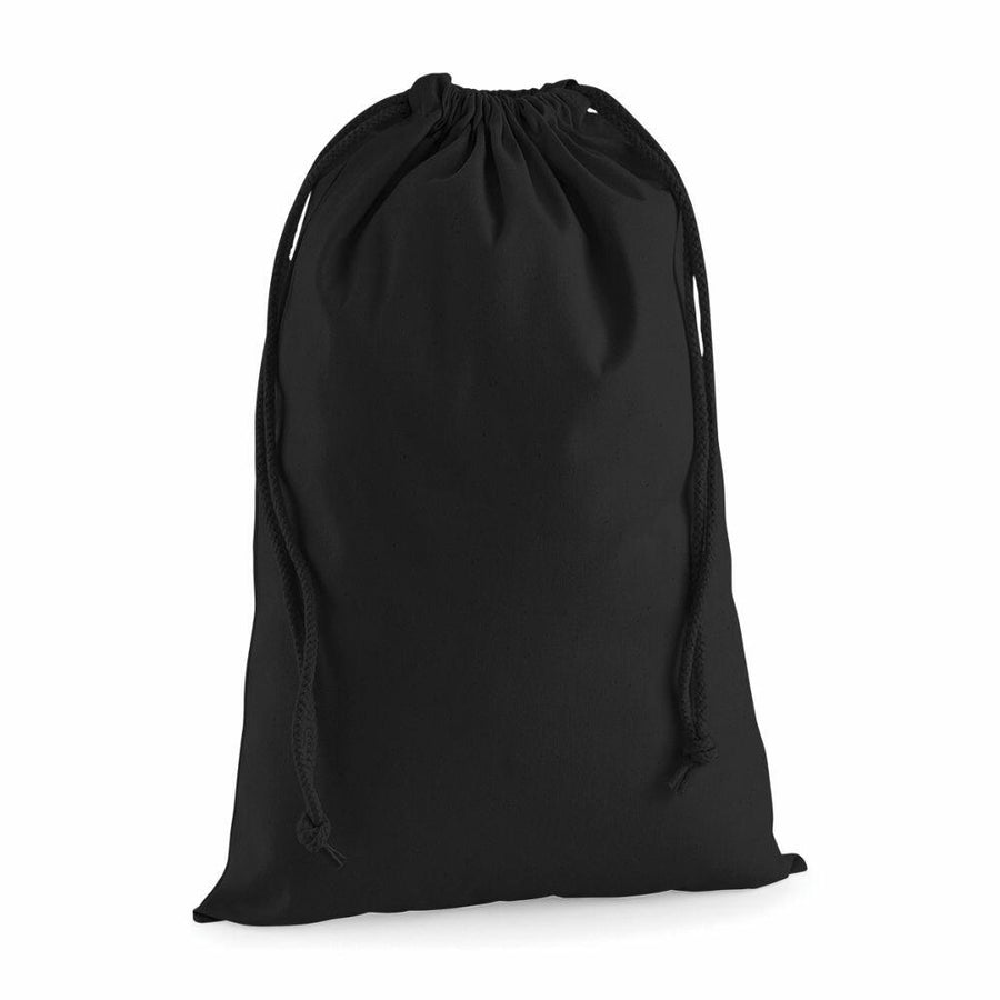Introducing the WM216 by Westford Mill: a sleek, black drawstring bag featuring a gathered top and sturdy black cords, designed to stand upright with elegance.