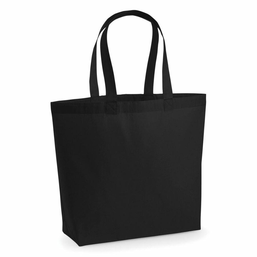 The WM225 by Westford Mill, a plain black tote bag with two handles and a rectangular shape, is displayed against a white background.