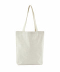 Introducing the Westford Mill WM251, a beige tote bag featuring thin horizontal stripes and two long handles.
