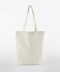 A white tote bag with thin horizontal gray stripes, long handles, and a simple design on a plain background by Westford Mill, model WM251.