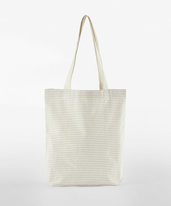 A white tote bag with thin horizontal gray stripes, long handles, and a simple design on a plain background by Westford Mill, model WM251.