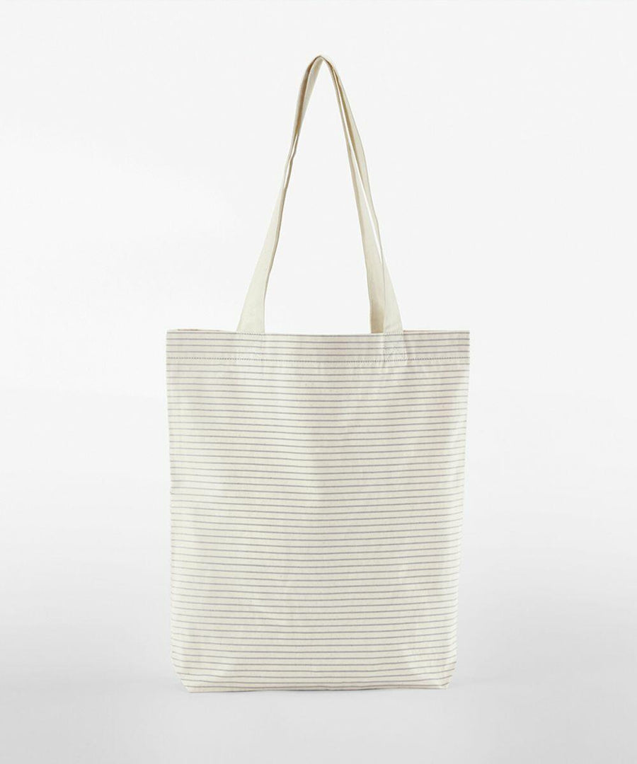A white tote bag with thin horizontal gray stripes, long handles, and a simple design on a plain background by Westford Mill, model WM251.