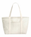 Introducing the Westford Mill WM255: a spacious beige tote bag featuring thin horizontal stripes and long handles.