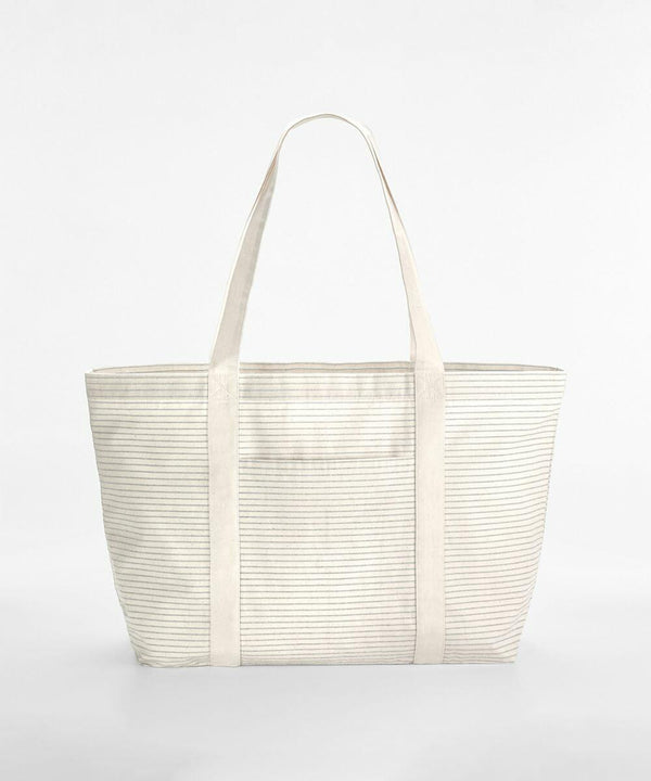 A beige and white striped tote bag with dual shoulder straps, the WM255 by Westford Mill, is displayed against a plain white background.