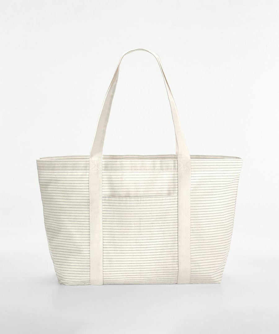 A beige and white striped tote bag with dual shoulder straps, the WM255 by Westford Mill, is displayed against a plain white background.
