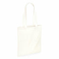 A Westford Mill WM281 plain, white cloth tote bag with two handles, standing upright against a white background.