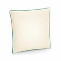 A square pillow, model WM355 by Westford Mill, featuring a beige color with a light teal border is displayed against a plain white background.