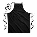 Westford Mill WM364 apron in black, featuring a front pocket and an adjustable neck strap, laid flat on a white background.