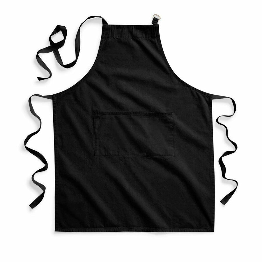 Westford Mill WM364 apron in black, featuring a front pocket and an adjustable neck strap, laid flat on a white background.