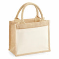 A compact beige jute tote from Westford Mill, model WM425, featuring short handles and a front pocket.
