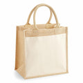 The WM426 is a square, beige jute tote bag from Westford Mill, featuring short handles and an open front pocket.