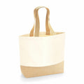 The WM451 tote bag by Westford Mill, featuring a beige and white canvas design with two handles, is displayed against a plain background.