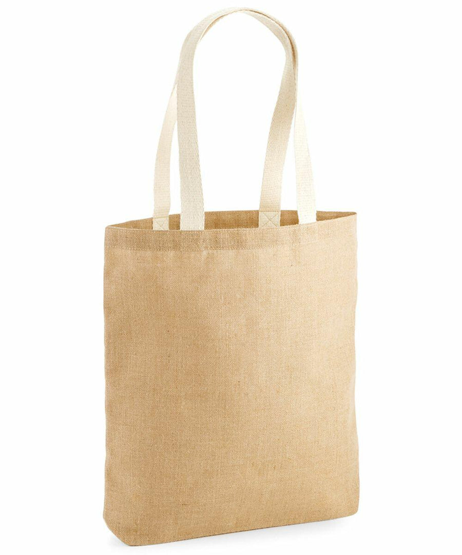 A tan, woven, reusable WM455 tote bag from Westford Mill with white handles is shown against a plain white background.
