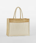 A beige and tan tote bag made of canvas and jute, with two handles and an external front pocket, shown against a plain white background. The product is the WM480 by Westford Mill.