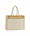 Introducing the WM480 by Westford Mill—a jute tote bag in beige and brown, featuring two handles and a convenient front pocket.