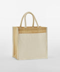 A beige and brown jute tote bag with two handles, set against a plain white background. The tote bag is the WM483 by Westford Mill.